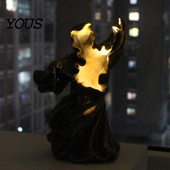 Artistic Nighttime Lighting Resin Gothic Halloween Statue, Spooky Tabletop Ghost Decoration with Light, Waterproof Garden Statue Mysterious
