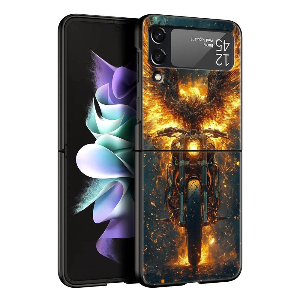 Motorcycle Hard PC Phone Case For Samsung Galaxy Z Flip 7 6 5 4 Black Cover For Galaxy Z Flip 3 Foldable Fundas Shell Capas Bags