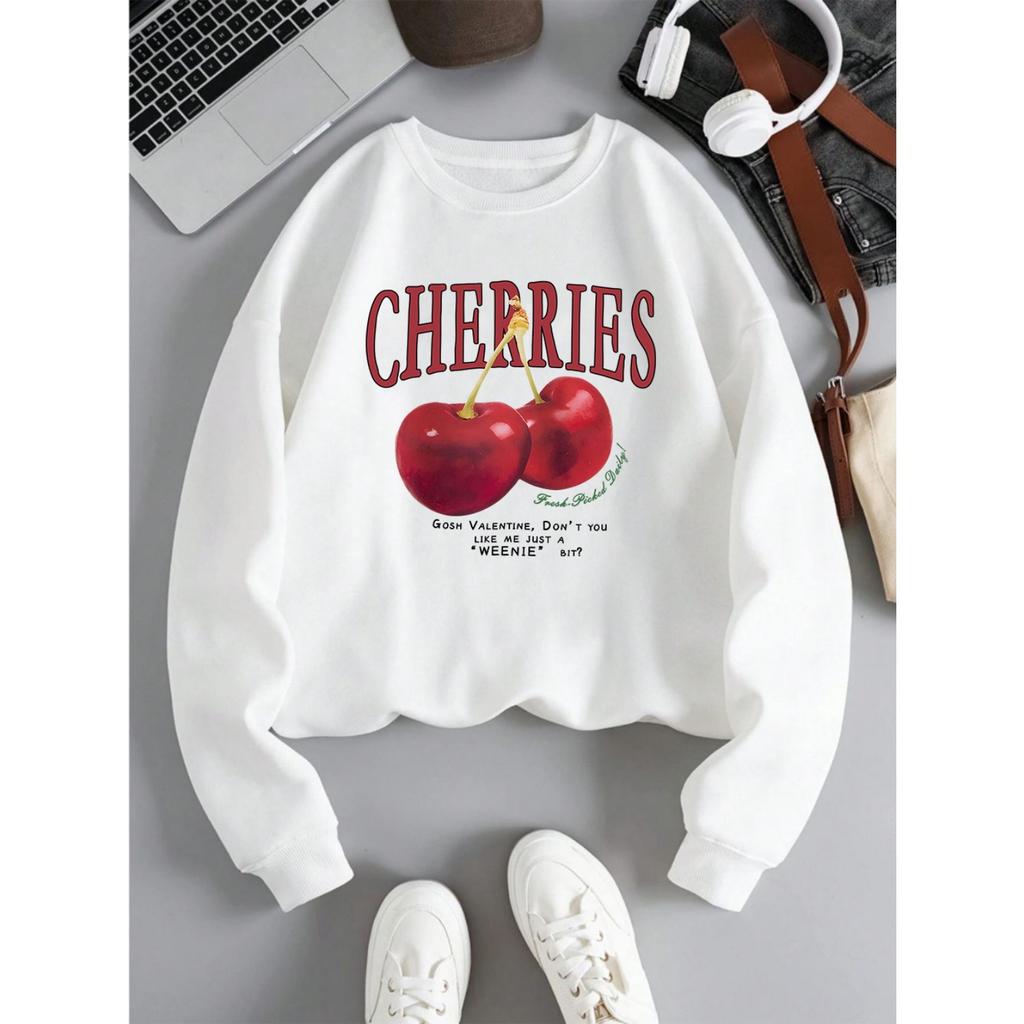 Felpa da Donna alla Moda Stampa Ciliegie Rosse Fresche Pullover Girocollo Pile Morbido Traspirante Felpa con Cappuccio Autunno Streetwear Femminile