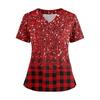Women's Loose Short Sleeved Fashionable Square Printing V-neck Buttonable Side Slit Top T-shirt