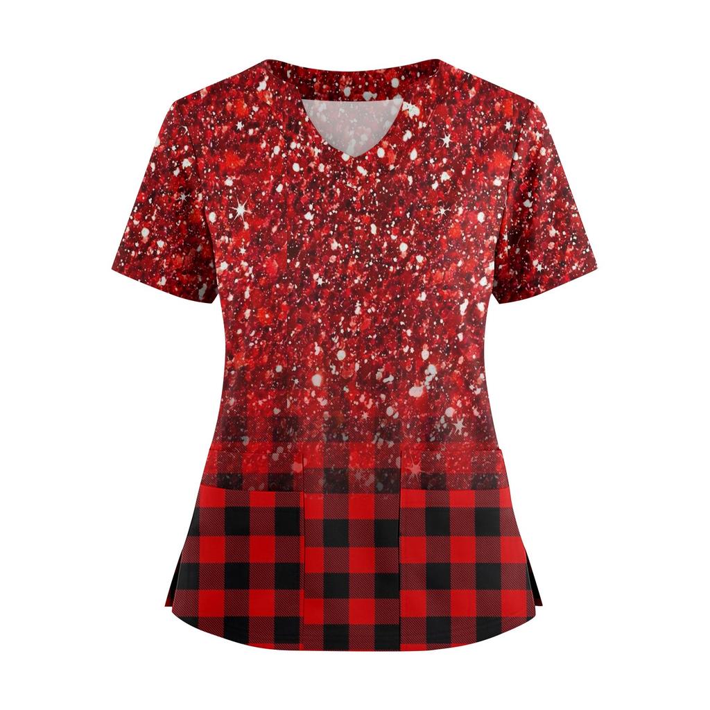 Women's Loose Short Sleeved Fashionable Square Printing V-neck Buttonable Side Slit Top T-shirt