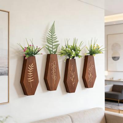 4Pcs Wooden Wall Mount Vase Farmhouse Rustic Home Office Living Room Wall Hanging Artificial Plants Holder Dried Flower Vase Decoration
