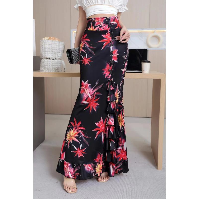 Spring and Autumn New Printed Hip Wrap Skirt Half Skirt Women s Medium and Long Slim and Skinny Split Forked Harttail Skirt S