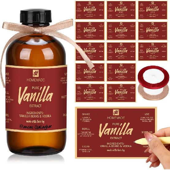 Fulmoon 24 Pcs Vanilla Extract Labels Homemade Vanilla Extract Stickers Bottle Labels with Ribbon Valentine Gift Stickers for 4oz, 8oz Handcrafted Retro