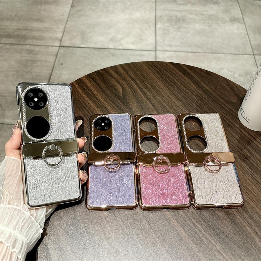 For Huawei Pocket 2 Case with Ring Holder Ripple Texture Hard PC Electroplating Phone Cover