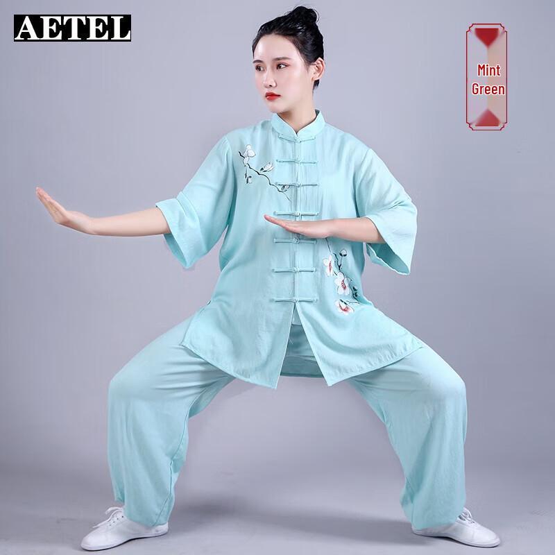 AETEL Women's Loose Fit Cotton Linen Short Sleeve Tai Chi Uniform Set