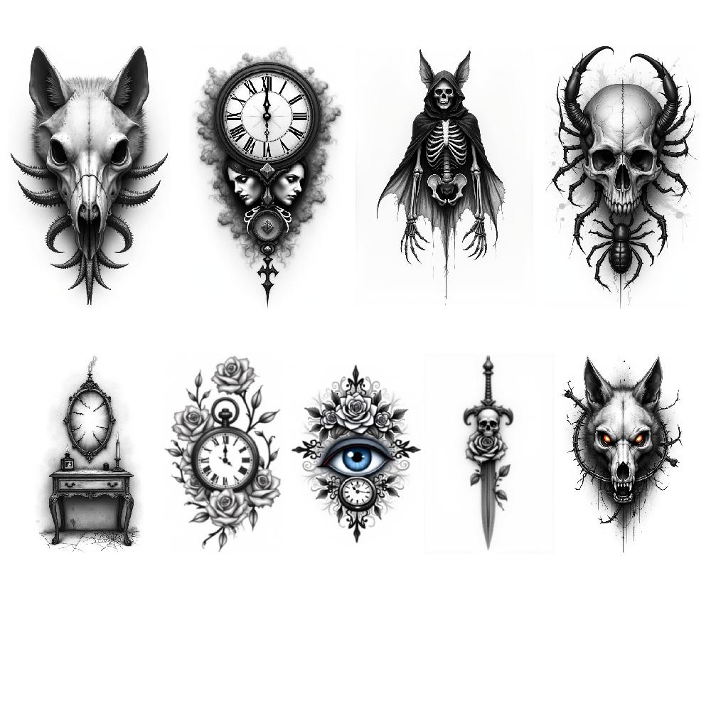 3pcs Temporary Tattoo Realistic Temporary Tattoos Clock With Faces Ghostly Figure Wolf With Glowing Eyes For Men Thighs Adults