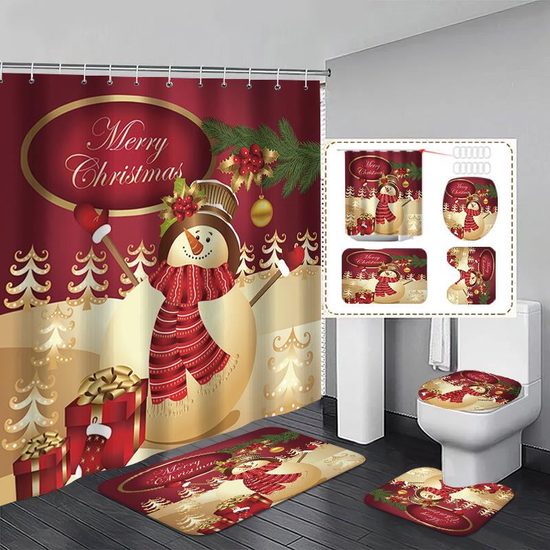 4pcs Full Set Red Golden Christmas Shower Curtains Snowman Print Curtain 2025 New for New Year Bathroom Decoration With Hooks
