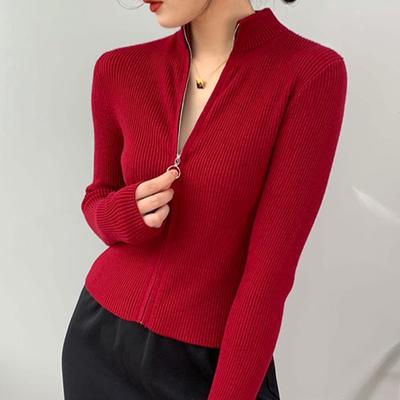 Patchwork Turtleneck Slim Knitted Cardigans for Women Spring Zipper Korean Knitwear Tops Elegant Knit Coat Female