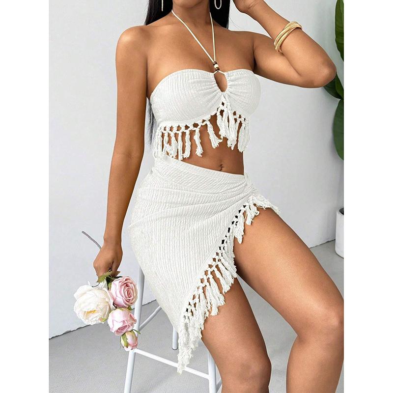 Sexy Tassels Bikini Women's Swimsuit 2 Piece Swimwear Female Outfits Halter Top High Slit Skirt Set Beachwear Bathing Suits