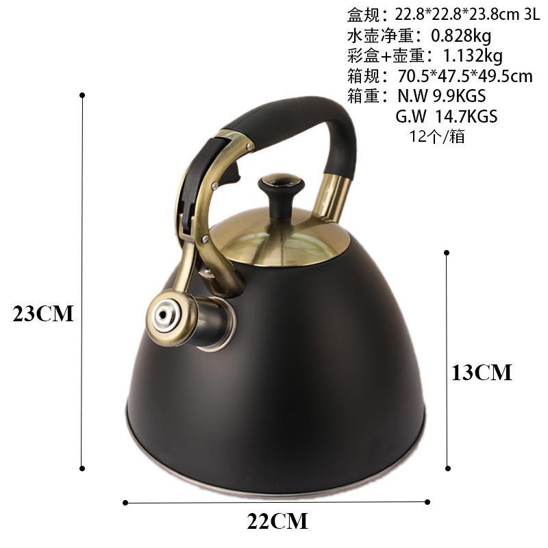 3L Stainless Steel Whistling Kettle Gas Stove Induction Cooktop Heavy Duty 201 Grade Modern Kitchen Water Boiler KV-535 Black Whistling Kettle 3L