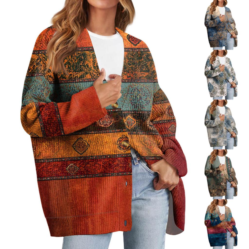 Dámský módní kardigan s dlouhým rukávem, vánočním potiskem, výstřihem do V a knoflíky, volný top