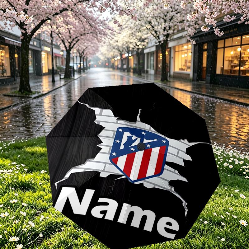 Custom Name Personalized Atletico Madrid Print Umbrella, Auto Open Close, 8‑Rib Sturdy Frame, Commute Camping Hiking Use, Birthday Gift