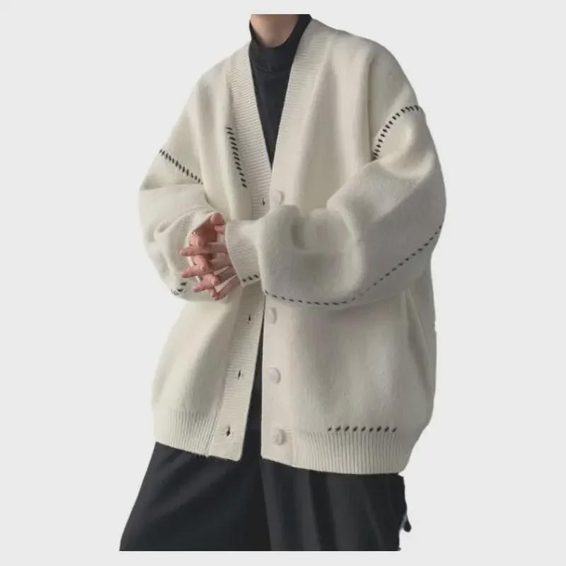 Pánský retro silný zimní kardigan - Japonský pletený svetr s výstřihem do V