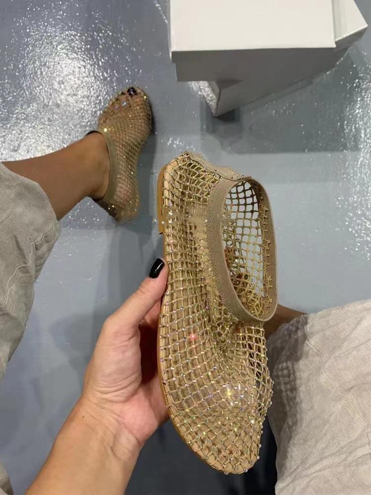 2025 foreign trade summer new diamond fashion mesh round head one word plastic belt hollow sexy flat comfortable sandals