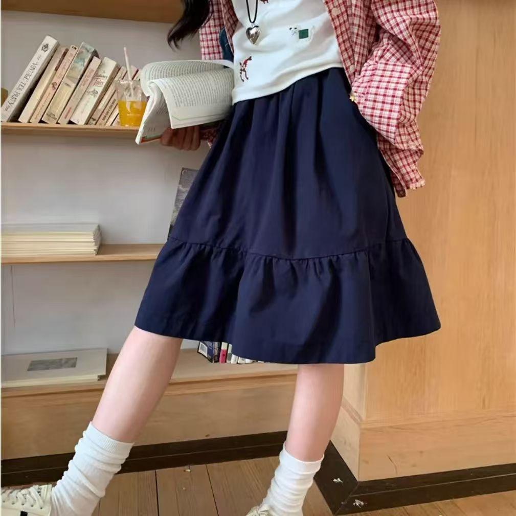 

Academic Style Khaki Skirt for Spring Design-Forward Pocket Midi Skirt Casual Design-forward Slimming All-match Versatile A-Line Skirt S