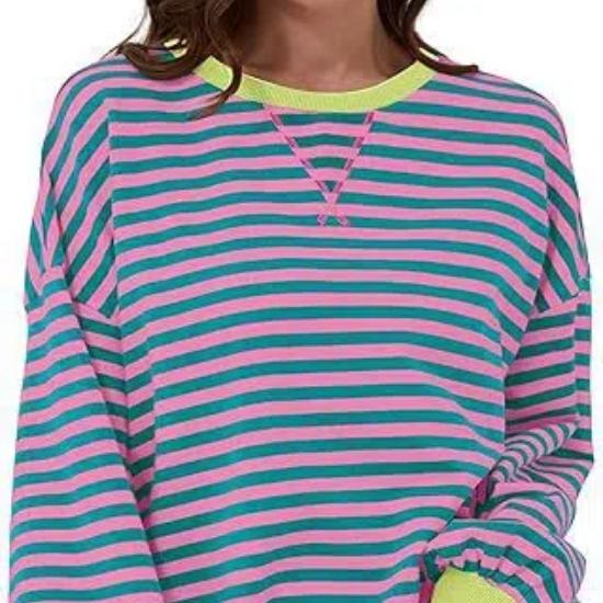 Women's Simple Home Casual Striped Pattern Round Neck Trendy Long-sleeved Pullover Color Block T-shirt