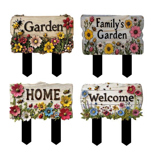 Floral Garden Sign with Stake, Farmhouse Garden Sign, Colorful Flowers Yard Art Stake, Rustic Welcome Sign for Home Garden Pathway Planter Decor