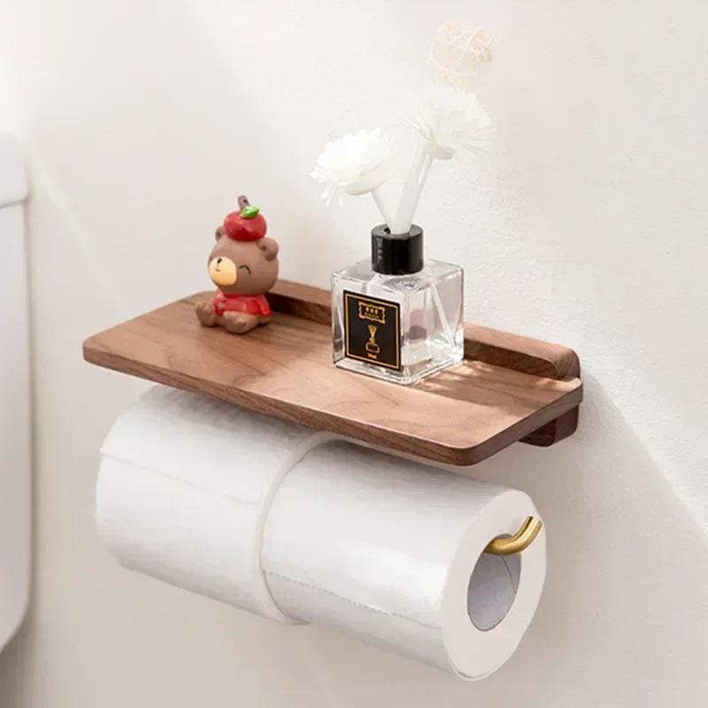 Punch-free Solid Wood Tissue Holder Restroom Wall Paper Towel Holder Toilet Paper Storage Stand Shelf Bathroom Accessories