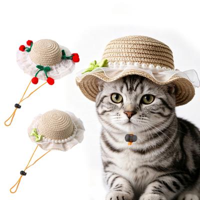Chapéu de Palha com Borda Festonada para Gatos Chapéu de Sol com Renda e Babados Fofo para Gatos e Cães Pequenos Viagem ao Ar Livre Camping