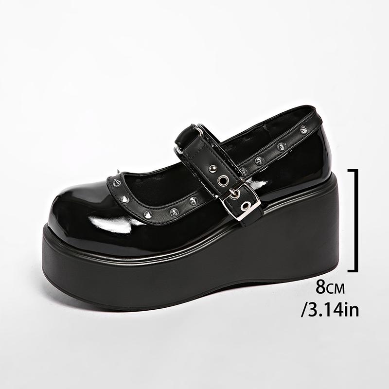 Fashion Rivet Decor Wedge Heel Pumps Women Fashion Buckle Strap Chunky Platform Loafers Woman Thick Sole Patent Leather Mary Jane Shoes