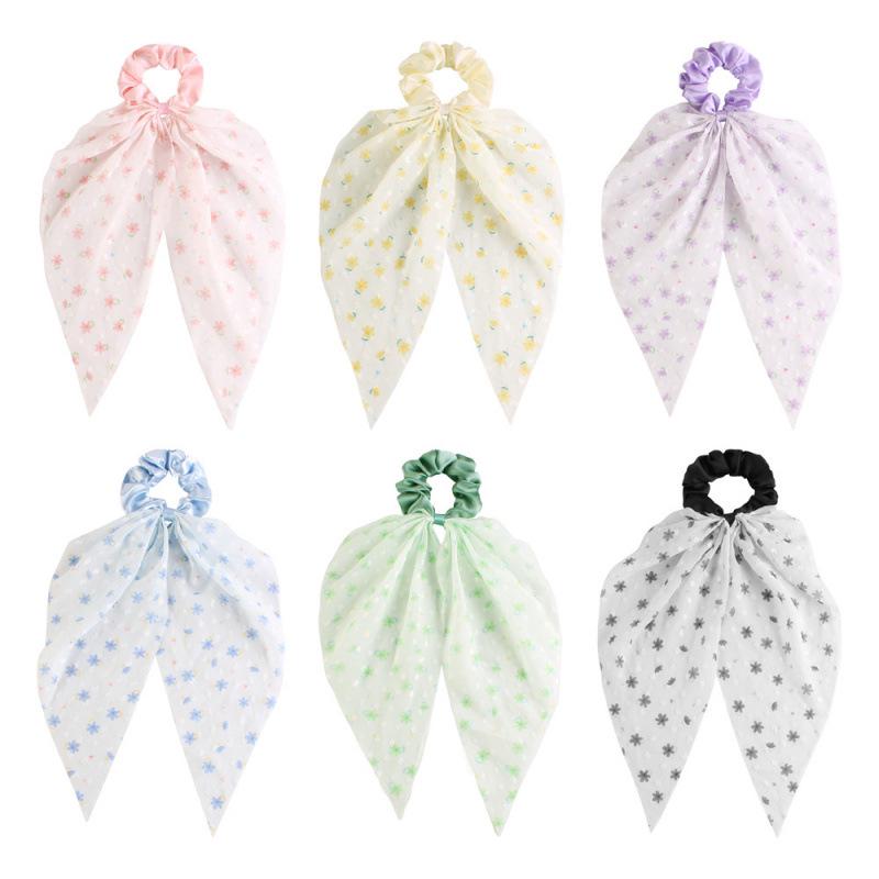 Versatile Floral Ribbon Bow Hair Tie - Korean Style Hair Accessory with Small Flowers for Women's Ponytails