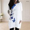 Women Plus Size Round Neck Long Sleeve White Blue Butterfly Print Loose Longline Top With Pockets