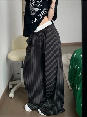 Černé pruhované oblekové kalhoty, dámské pytlovité kalhoty Y2k ve vintage korejském stylu, nadměrné Harajuku, módní kancelářské kalhoty
