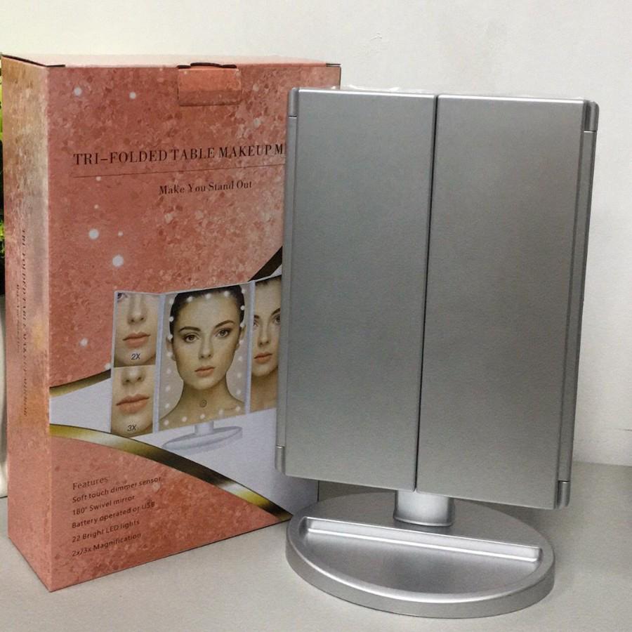 LED Desktop Folding Vanity Mirror with 2X/3X Magnification, Dual Power, Touch Dimming, Tri-Fold Design