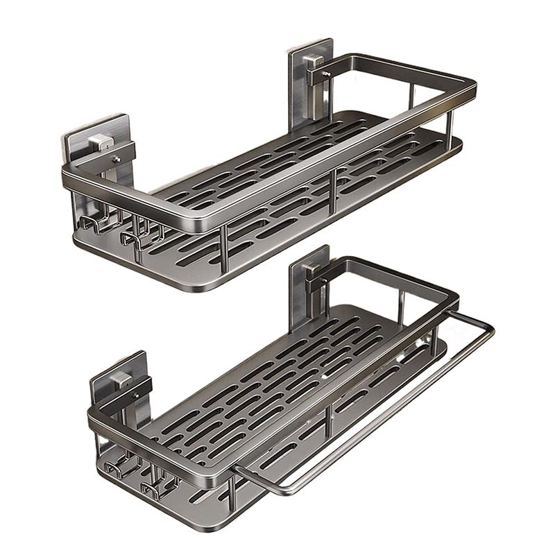 Aluminum Shower Caddy, Adhesive Shower Shelves, 2-Pack With Hooks And Rod For Towels, Wall Mount Rustproof Organizer