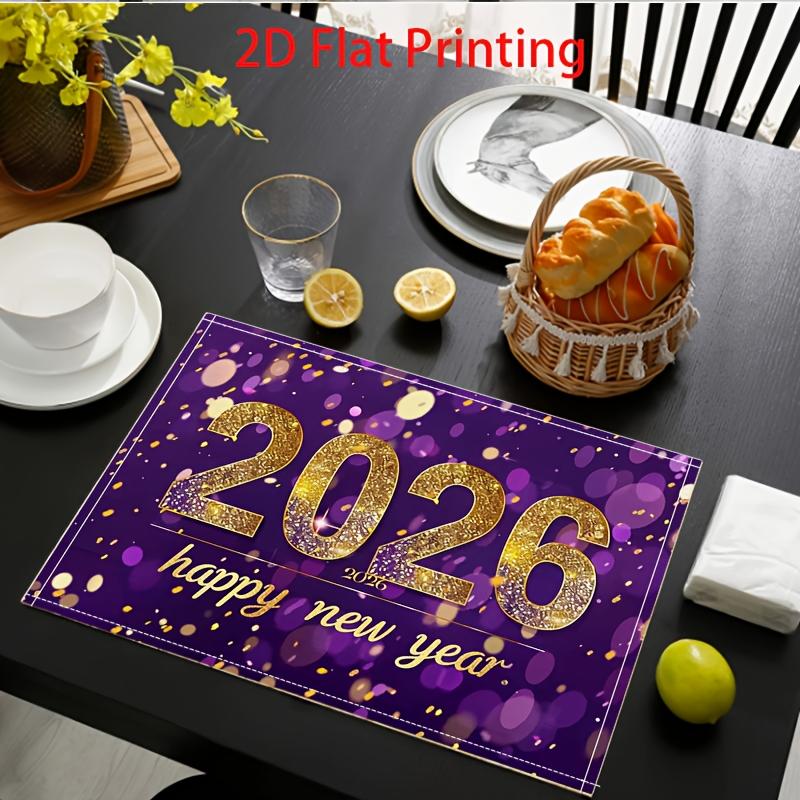 

2D Flat Printing 2026 New Year Celebration with Golden and Purple Rectangular Placemats Table Decorations 6PC 30X45cm