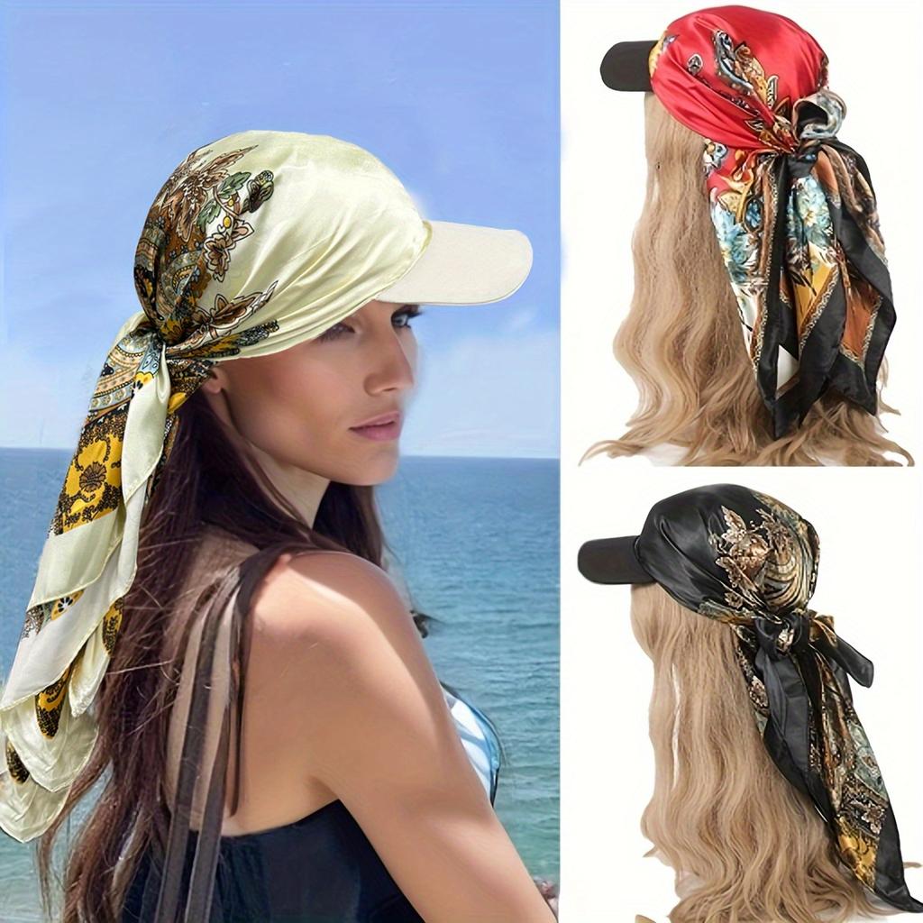 European and American colored large square scarf hat, satin simulated silk scarf, holiday headscarf with brim, one-piece headscarf hat hair accessory