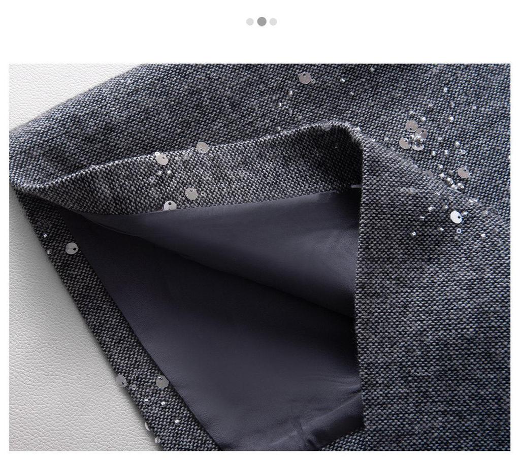 2025 Winter Elegant High-Waist Mid-Length Sequin Wool Slit Skirt for Women