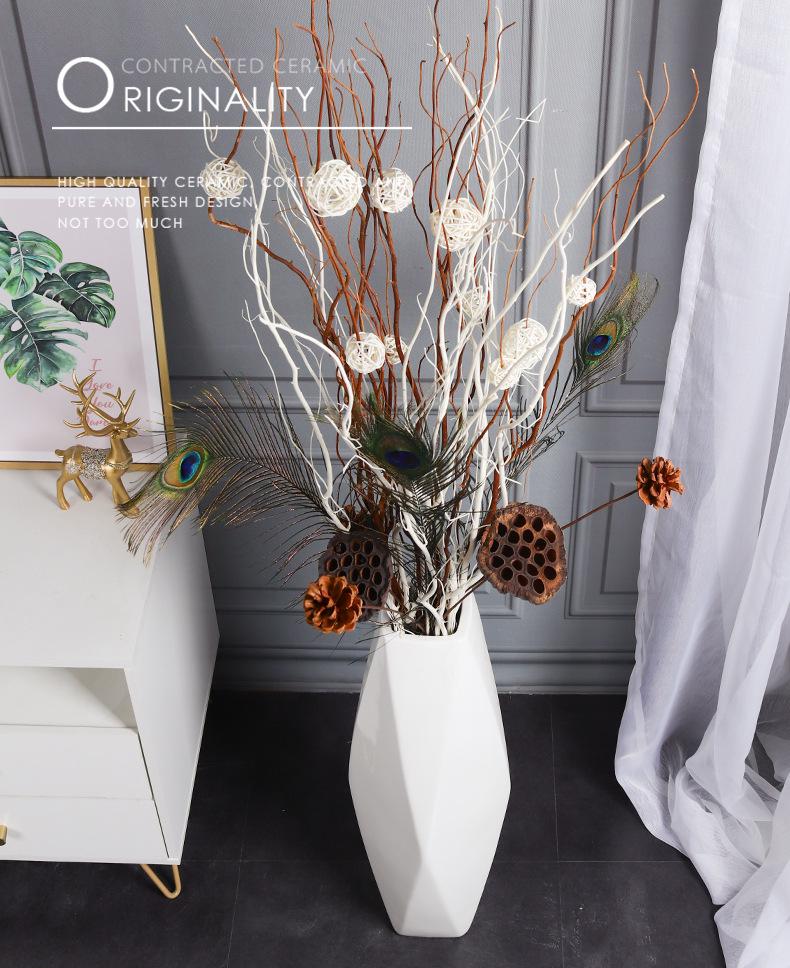 Nordic Minimalist Ceramic White Floor Vase for Dried Flowers and Lucky Bamboo, Living Room Decor