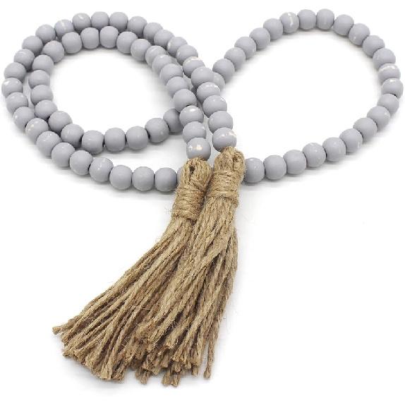 CVHOMEDECO. Wood Beads Garland with Tassels Farmhouse Rustic Wooden Prayer Bead String Wall Hanging Accent for Home Festival Decor. Mix Distressed