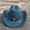 Retro Suede Leather Western Cowboy Fedora Hat For Men Women Bull Head Accessories Fashion Travel Party Hat Denim Hat Sombrero