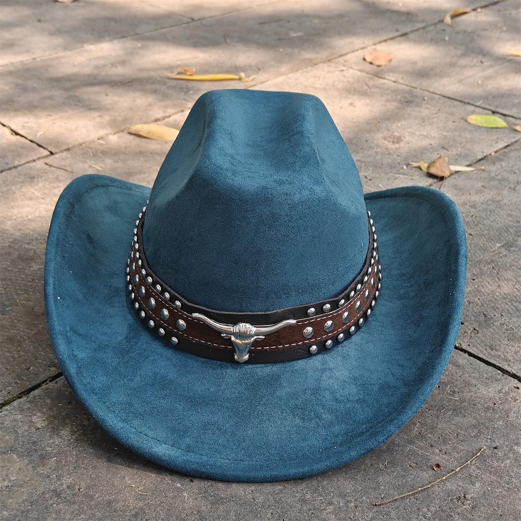 Retro Suede Leather Western Cowboy Fedora Hat For Men Women Bull Head Accessories Fashion Travel Party Hat Denim Hat Sombrero