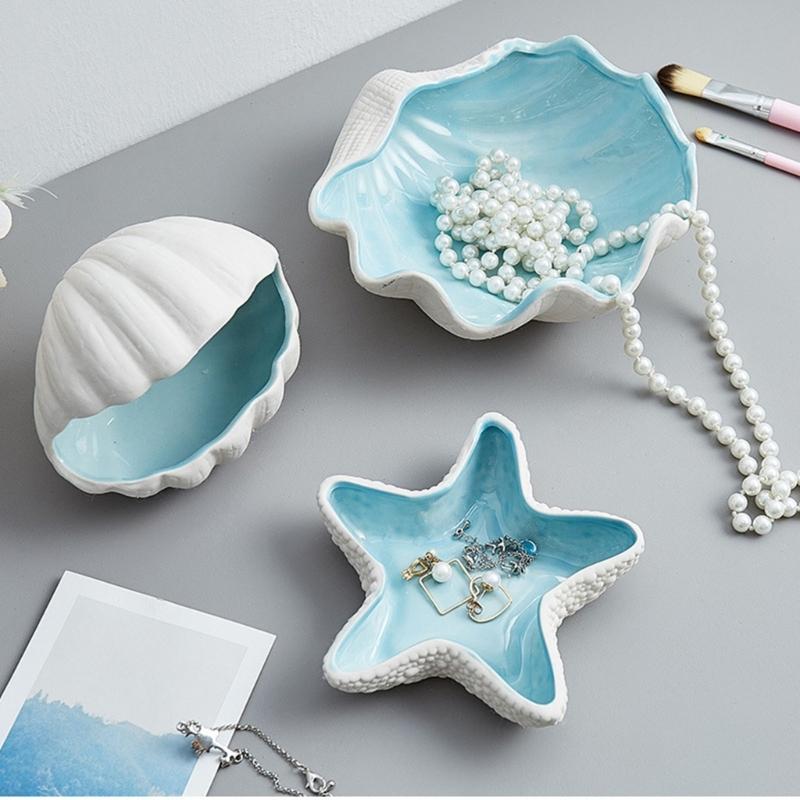 Elegant Coastal Themed Ceramic Dish For Jewelry Storage Makeup Vanity Tabletop Decorative Display Tray