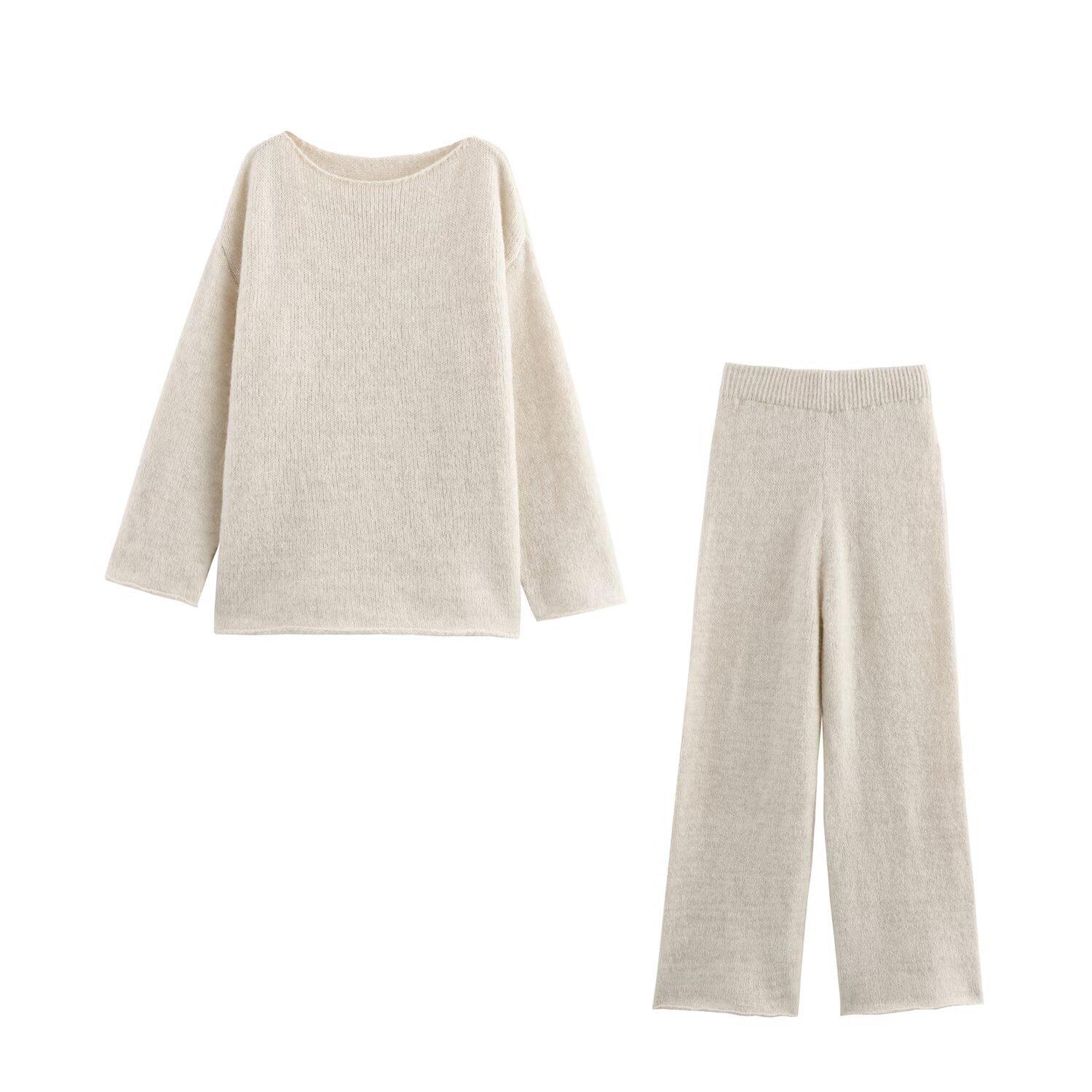 

Зимний женский вязаный комплект пуловер и брюки в европейском и американском стиле 2024 Large бежевый