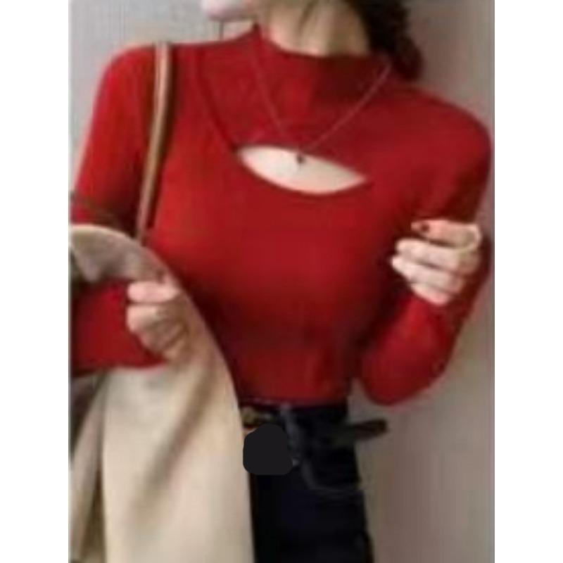 

Модный элегантный пуловер с длинным рукавом, женский свитер с вырезами снизу, осенне-зимний повседневный свитер с полувысоким воротником, приталенный, однотонный топ One Size красный