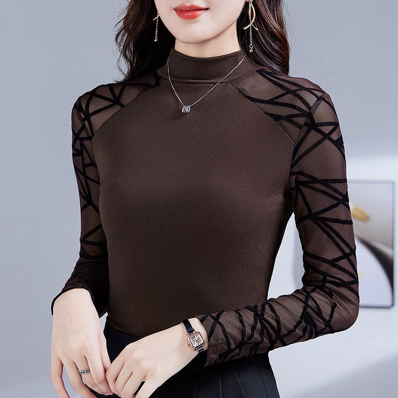 

Женская узкая футболка в стиле вестерн с полувысоким воротником - весна/осень 2025 г., топ с длинными рукавами 2XL кофейный