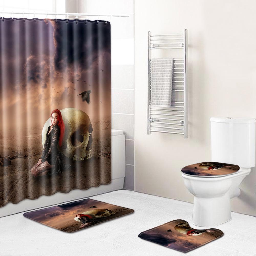 Thriller Skull Shower Curtain Floor Mat Combination Four-Piece Set Bathroom Toilet Carpet Mat Foot Mat