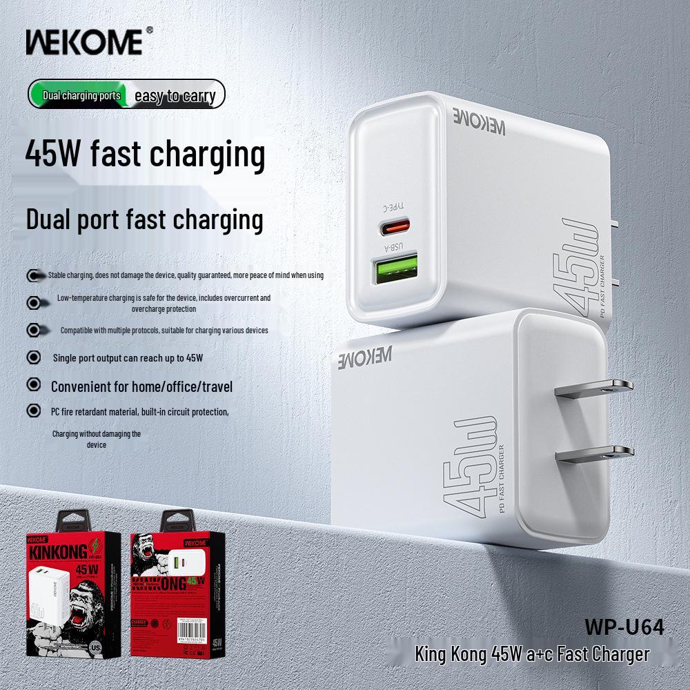 Wekome 45W Dual-Port Flash Charger - Fast, Low-Temp Charging for US/EU/UK Devices