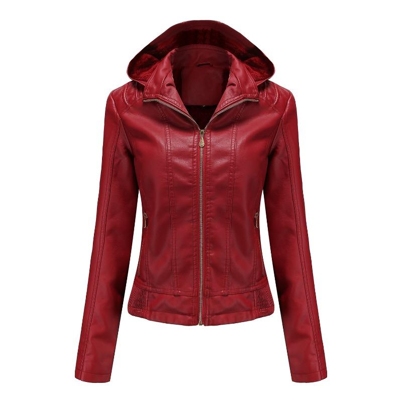 

Осенне-зимняя кожаная куртка с капюшоном женская съемный капюшон молния длинный рукав флисовая кожаная куртка приталенная куртка XXXL бордовый