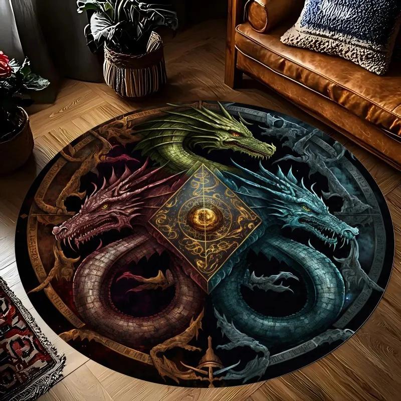 Yin Yang Dragon and Phoenix Printed Round Carpets for Home Living Room Rug Bedroom Decor Rug Non Slip Washable Flannel Floor Mat