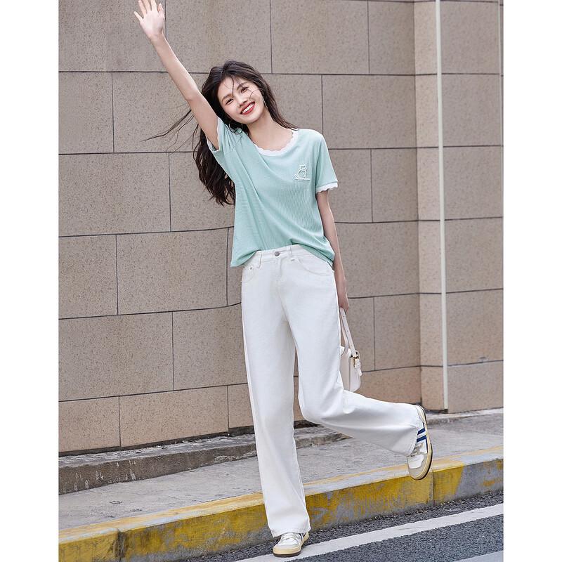 Demana Summer Round Neck Cat Letter Embroidered T-shirt M