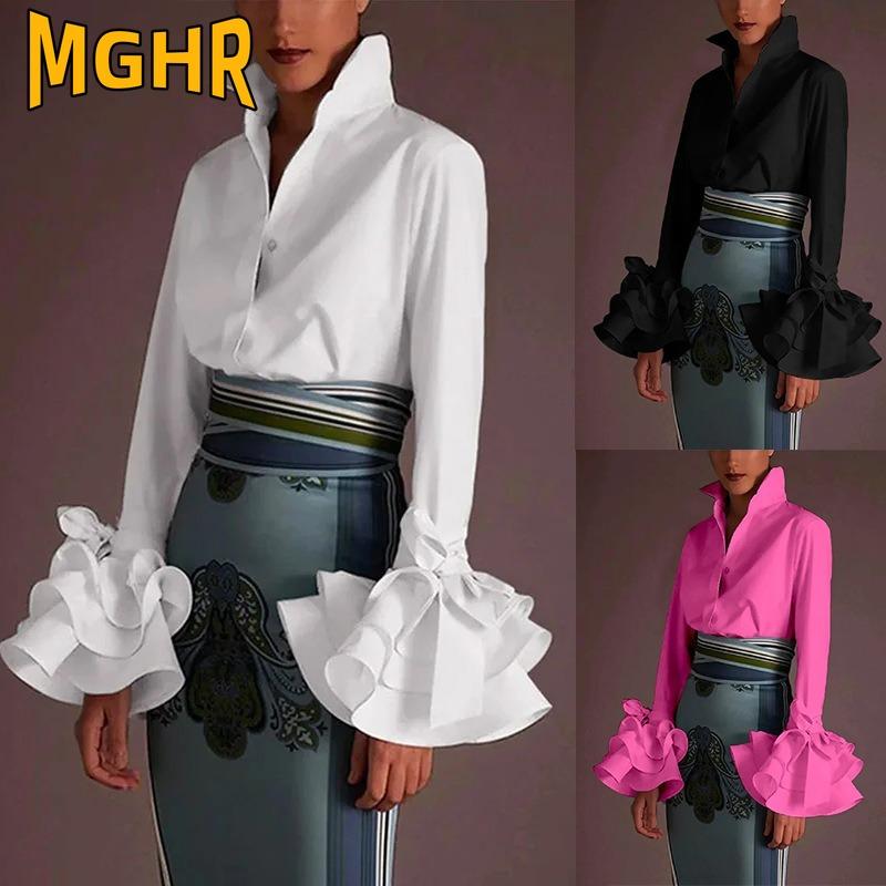 MGHR Women's Fashion Long Sleeve Autumn Winter POLO Neck Casual Blouses & Shirts