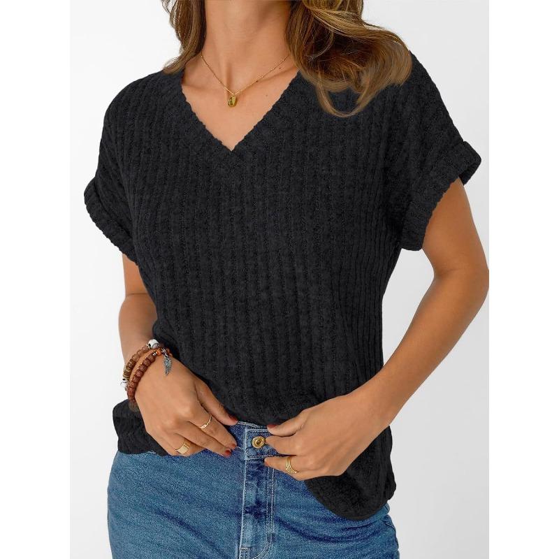 

Solid Color Ribbed V-Neck Short Sleeve Top, Women s Soft Casual Knit T-Shirt S