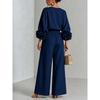 Women's new solid color round neck long-sleeved floral wide-leg pants loose casual suit two-piece set
