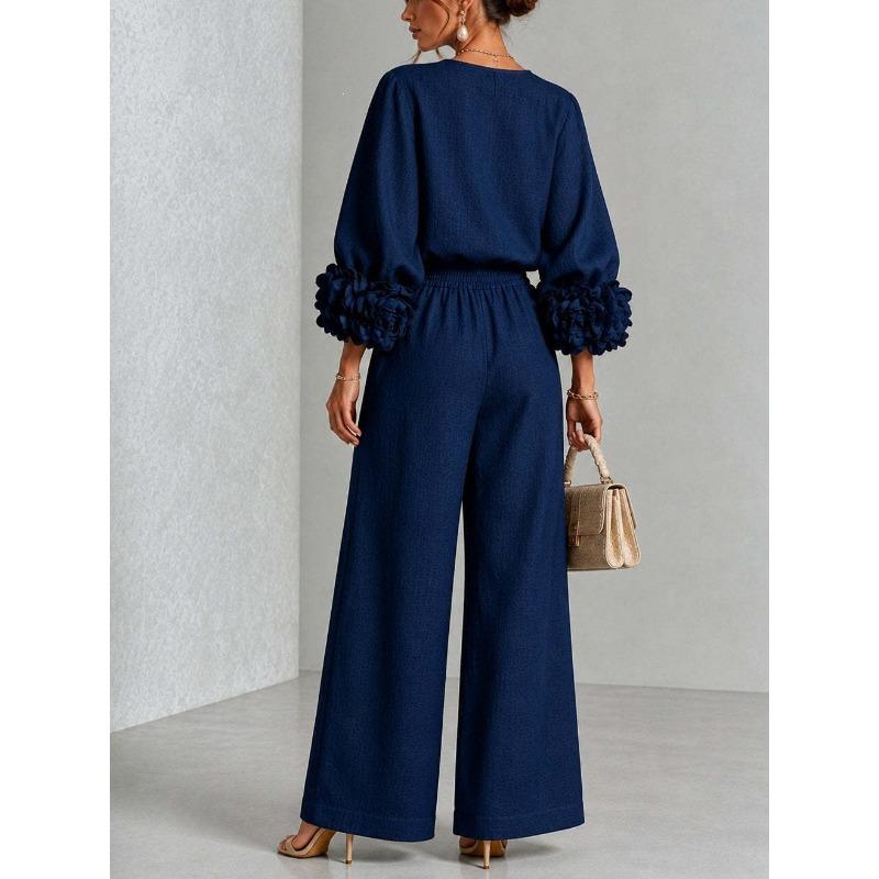 Women's new solid color round neck long-sleeved floral wide-leg pants loose casual suit two-piece set
